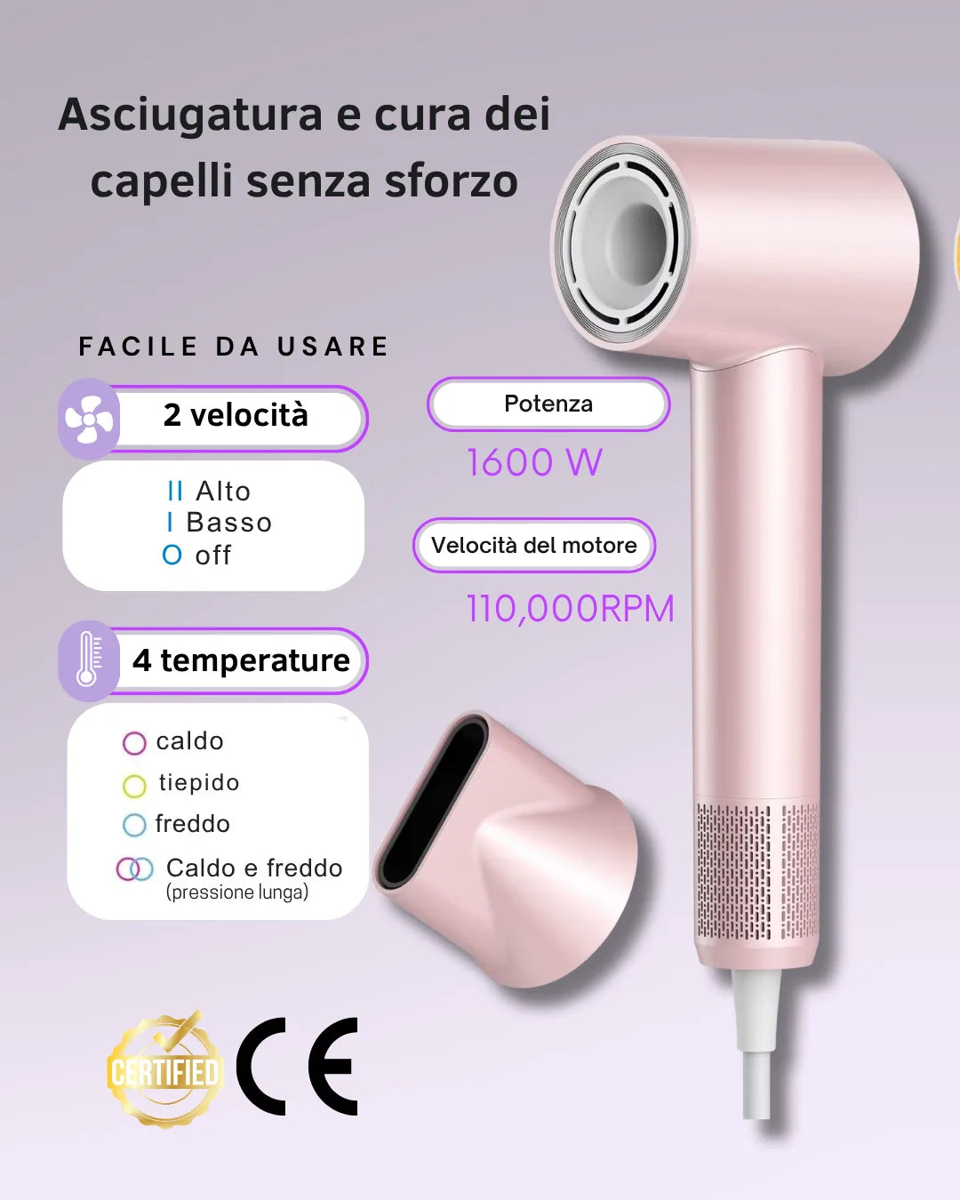 ✨ Asciugacapelli professionale: capelli luminosi. In pochi minuti.